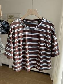 Comfortcana Áo thun ngắn tay casual size lớn thêu hoa 3D, giặt mài, xuân/hè - màu nâu - Xem 9
