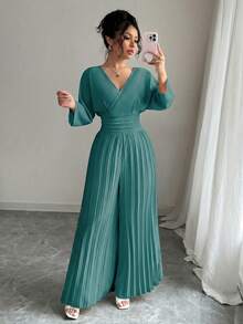 Rafferiza Women's Solid Color Overlapping V-Neck 3/4 Sleeve Pleated Wide Leg Elegant Jumpsuit - Cadet Blue - View 5