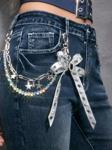 ROMWE Goth 1 Y2k Retro Punk Silver Leather Rivet Bow Star Imitation Crystal Beaded Chain DIY Bag Pendant Keychain, Daily Wear By Girls And Ladies - Silver - View 6