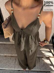 Siren Gaze Women's Solid Color Minimalist Camisole Top And Pants 2 Pieces Set - Army Green - View 4