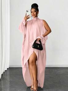 Maweii Plus Size Solid Color Hollow High Neck Loose Summer Dress Fall - Pink - View 1