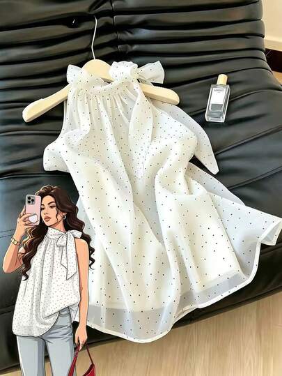 Franclia Camiseta de mujer de verano con cuello halter y tirantes de lazo de gasa con estampado de lunares, blusa de lunares, blusa con volantes en el bajo, blusa blanca, conjunto de verano, camiseta de playa, camiseta de fiesta, blusa de graduación, blusa elegante, conjunto de vacaciones de mujer, conjunto de oficina de mujer, conjunto formal de mujer, conjunto para salir, atuendo de oficina de negocios de mujer, adecuado para citas/fiestas/eventos formales