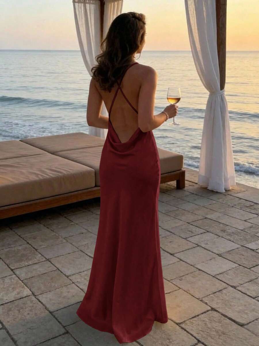 Aloruh 女士纯色休闲简约长款吊带连衣裙,适合派对穿着 - 酒紅色 - 查看 1