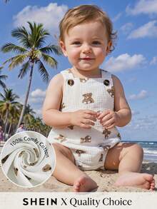 SHEIN Vintaside Kids 男婴可爱小熊印花连体衣，夏季 - 白色 - 查看 2