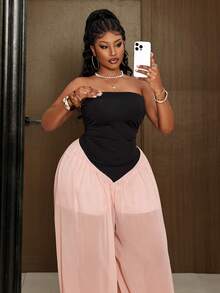 Maweii Mono sexy de talla grande con contraste de color, espalda descubierta y escote palabra de honor para verano, noche, vacaciones en negro y dorado - Rosa - Ver 3