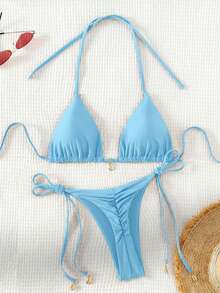 Bellisia 女款夏季海灘純色掛脖綁帶性感比基尼泳衣套裝 - 藍色 - 查看 1