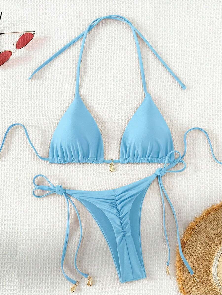 Bellisia 女款夏季海灘純色掛脖綁帶性感比基尼泳衣套裝 - 藍色 - 查看 1