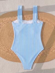 Swim Lushoire Springbreak 女士纯色褶皱肩带极简连体泳衣，节日波西米亚风 - 藍色 - 查看 3