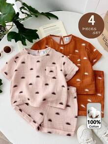 LMoss Kids 2pcs Baby Girl Woven Round Neck Casual T-Shirt And Shorts Set - Multicolor - View 4