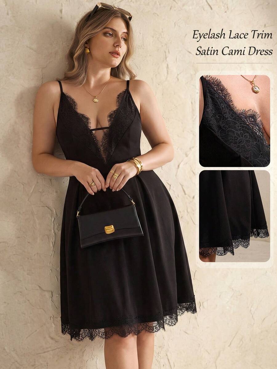 Elegantrix Plus Size Women's Spring/Summer French Elegant Outdoor/Date Tea Party/Casual Deep V-Neck Spaghetti Strap Lace Decor Waist A-Line Knit Mini Slip Dress - Black - View 1