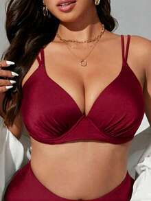 SHEIN Swim Curve 大尺碼 2026 春夏新款純色一件式泳衣，性感墊高鋼圈，優雅可調式肩帶，休閒時尚海灘泳裝 - 酒紅色 - 查看 4