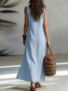Everyssa Casual Striped Retro Sleeveless Open Front Shirt Dress, Suitable For Leisure And Work, Fashion For Women - Blue - View 2