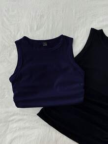 Tseoso 2pcs/Set Women Casual Minimalist Round Neck Tight Fitting Camisole, Suitable For Summer - Multicolor - View 6