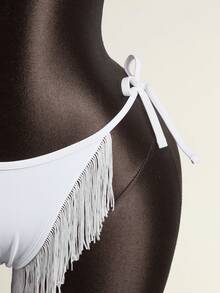ROMWE Street Life Women's 2pcs Set Sexy Solid Color V-Neck Halter Tie Tassel Minimalist Swimsuit - White - View 7
