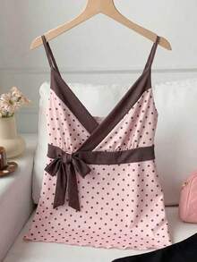 Comfortcana Áo hai dây buộc eo in chấm bi hồng dáng casual dành cho nữ, áo kiểu mùa hè. - Hồng - Xem 3