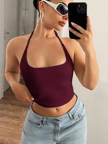 SHEIN ICON Áo không tay màu đỏ tía tối giản, phong cách thường ngày dành cho nữ, thích hợp cho mùa hè. - Màu Đỏ Sâu - Xem 6