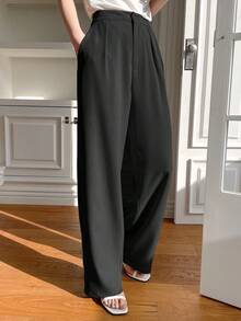 Designer Women's Solid Color Front Button Straight Leg Casual Pants - Black - View 5