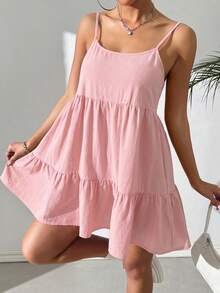 SHEIN EZwear 莲藕粉色休闲吊带露背荷叶边连衣裙 - 藕粉色 - 查看 3