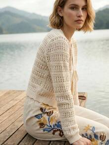 CAJUNI Áo khoác cardigan nữ màu trắng kem, buộc dây phía trước, ấm áp, thanh lịch, giản dị, lãng mạn. - Kem - Xem 4