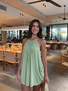 Firerie Women's Elegant Pleated Solid Color Halter Dress - Green - View 5