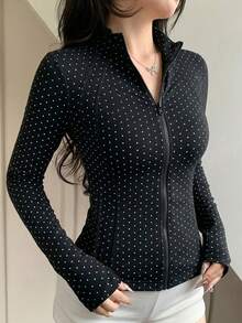 DAZY Spring Summer Black Polka Dot Outdoor Raglan Sleeve Slim Fit Waist-Cinched Sports Jacket - Black - View 3