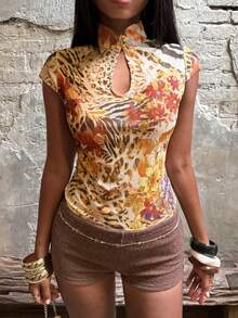 SHEIN BAE Áo kiểu nữ thời trang họa tiết hoa và động vật, thích hợp cho mùa hè. - Nhiều màu - Xem 7