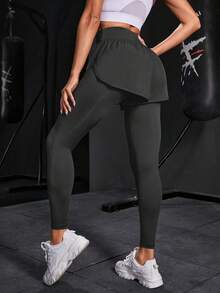 Powerista Quần legging thể thao nữ màu trơn phong cách tối giản - Màu xám đen - Xem 4