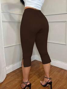 SHEIN SXY 深棕色 97% 棉质开衩七分裤，适合夏季穿着 - 彩色 - 查看 3