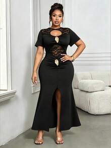 Villa Velisse Plus Size Women Elegant Sexy Fitted Contrast Lace Long Dress Cocktail Black Summer - Black - View 1