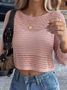DAZY Hollow Out Cover Up Cover Up With Round Neckline Summer Sheer - Baby Pink - View 10