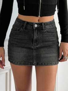 Joudiya Women's Washed Distressed Denim Mini Skirt Jeans Skirt - Black - View 6
