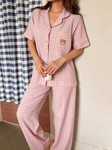 Napfluff Plaid Print Cute Bear Graphic Embroidered Pocket Front Button Short Sleeve Pants Women Pajama Set, Loungewear - Multicolor - View 4