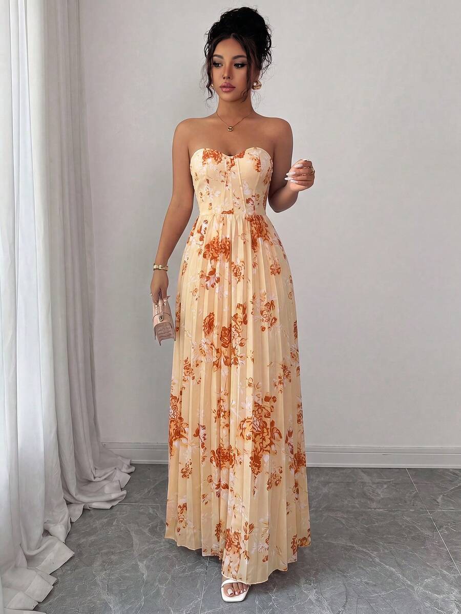 Elenzga Elegant Romantic Ruched A-Line Floral Print Sleeveless Dress For Women - Multicolor - View 1