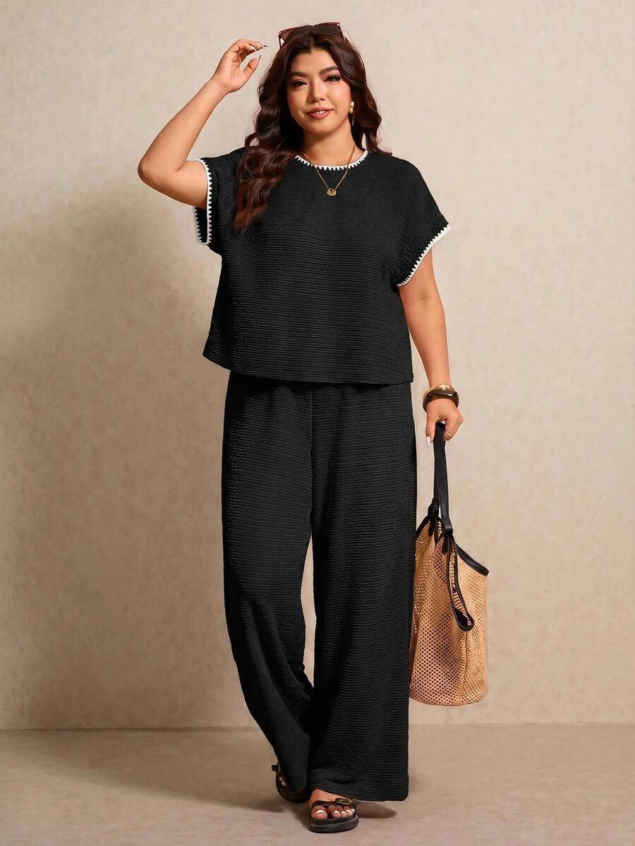 Elaquor Plus Size Women 2pcs Set, Round Neck Short Sleeve Top And Pants, Casual