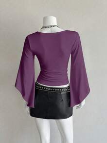 EgrlEra Deep V-Neck Sexy Mid-Length Fitted T-Shirt - Purple - View 2
