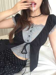 Joudiya 女士休闲仿两件拼接衬衫，日常百搭 - 黑色 - 查看 6