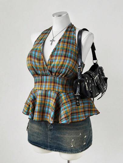 Sunspun Getailleerde geruite camisole voor dames met een maatje meer, casual en comfortabel voor de lente/zomervakantie.