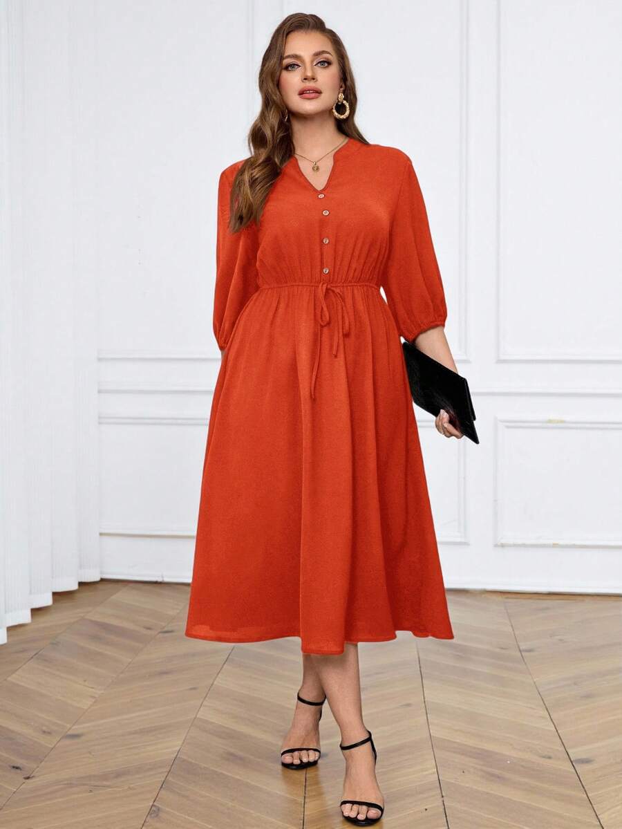 Miaspire Plus Size V-Neck Raglan Sleeve Midi Dress With Ruched Waist Fall - Orange - View 1