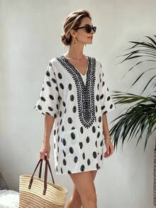 Louniche Robe courte ample à manches dolman, col V, à pois, décontractée et transformable, pour les vacances, printemps/été pour femmes - Multicolore - Voir 5