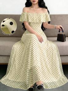 Modelyn Fashionable Off Shoulder Polka Dot Cinched Waist Elegant Dress, Spring/Summer - Yellow - View 1