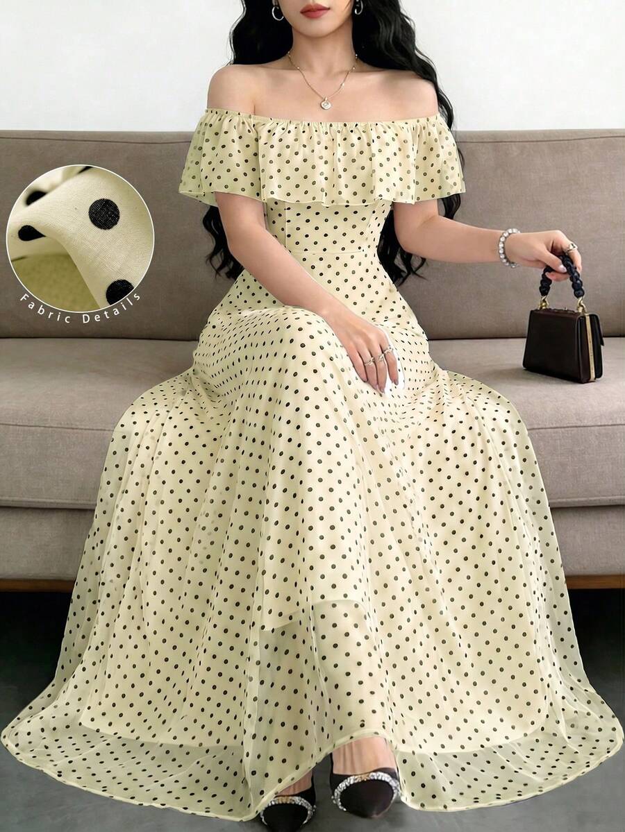 Modelyn Fashionable Off Shoulder Polka Dot Cinched Waist Elegant Dress, Spring/Summer - Yellow - View 1