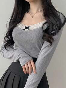 DAZY Women's Bow Decor Contrast Lace Basic Tee, Spring & Summer,Fall Clothes Long Sleeve Women Tops - Grey - View 1