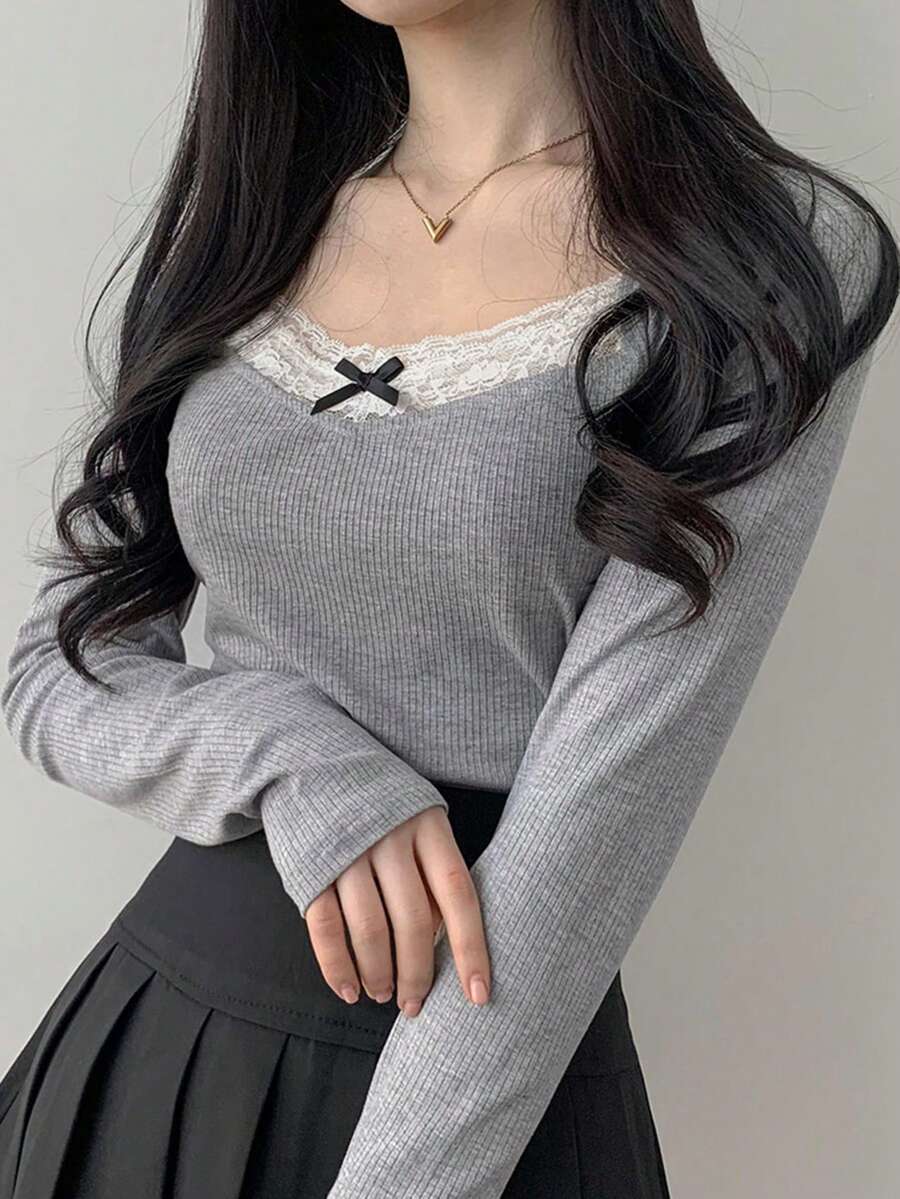DAZY Women's Bow Decor Contrast Lace Basic Tee, Spring & Summer,Fall Clothes Long Sleeve Women Tops - Grey - View 1