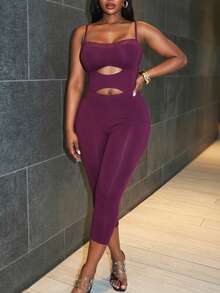 SHEIN SXY Plus Size Lace Patchwork Hollow Out Fitted Jumpsuit - Red Violet - View 9