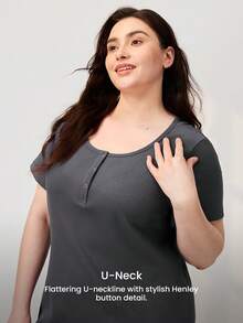 LUVLETTE Plus Size Summer Soft Cotton Women Ribbed Round Neck Pajamas Dresses Lingerie As Outerwear Cozy At Home Dressing  Moo Moo For Women - Dark Grey - View 4