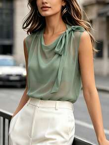 SHEIN Blusa elegante y estilizadora de cuello drapeado sin mangas con corbata de moño, en color verde menta de gasa - Verde - Ver 4