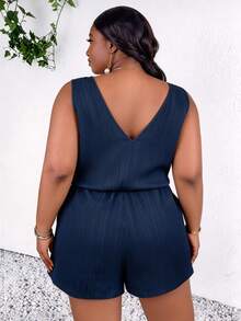 CurvyTilda Mono de mujer talla grande de unicolor con nudo, botones, escote en V y espalda descubierta, verano, para Body de reloj de arena - Azul Marino - Ver 2