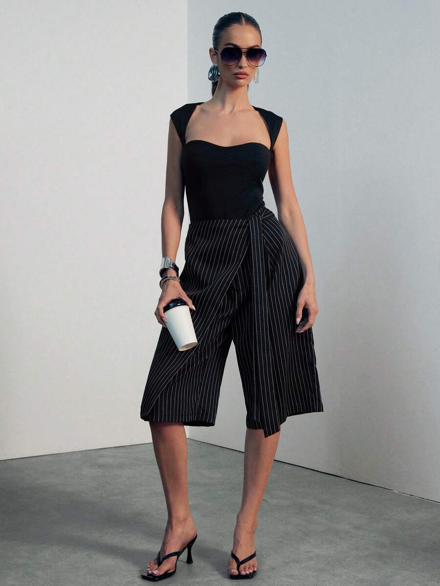 Hauture Women's Casual Office Striped Tailored Wrap Wide Leg Trousers Shorts, Old Money Commuter, Sophisticated Shorts For Work, Brunch, Baby Showers - Black - View 1