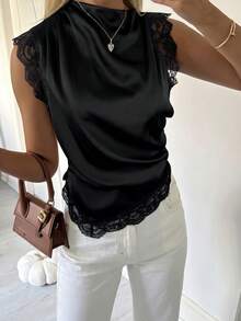 Firerie Black Sleeveless Satin Lace Patchwork Asymmetric Top For Ladies Bussines Casual Summer Teacher Going Out Holiday - Black - View 5