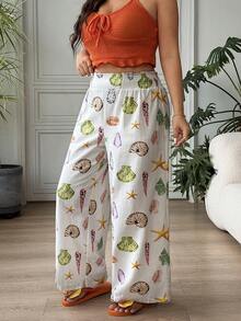 SHEIN EZwear Quần Palazzo ống rộng cạp cao dáng suông in họa tiết dành cho nữ cỡ lớn, thích hợp cho đi biển và kỳ nghỉ. - Nhiều màu - Xem 4